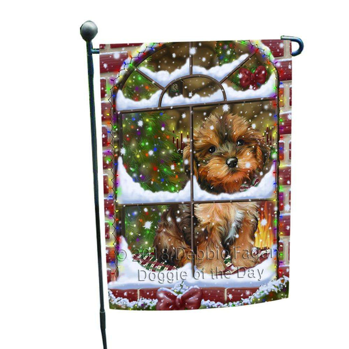 Please Come Home For Christmas Yorkipoo Dog Sitting In Window Garden Flag GFLG53718