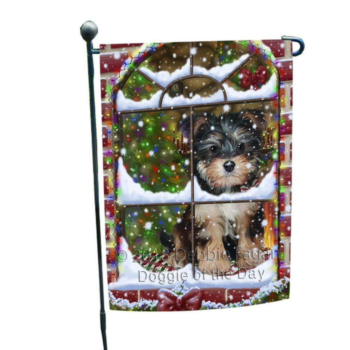 Please Come Home For Christmas Yorkipoo Dog Sitting In Window Garden Flag GFLG53719