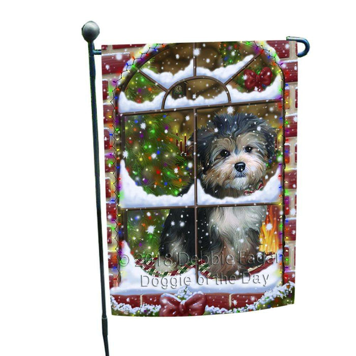 Please Come Home For Christmas Yorkipoo Dog Sitting In Window Garden Flag GFLG53720