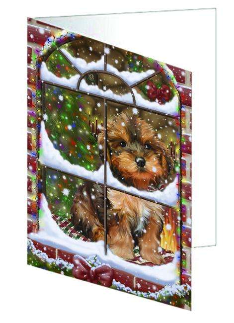 Please Come Home For Christmas Yorkipoo Dog Sitting In Window Handmade Artwork Assorted Pets Greeting Cards and Note Cards with Envelopes for All Occasions and Holiday Seasons GCD64997