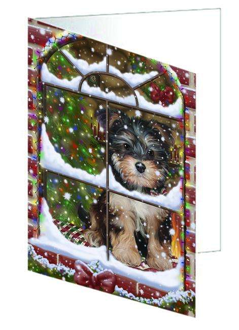 Please Come Home For Christmas Yorkipoo Dog Sitting In Window Handmade Artwork Assorted Pets Greeting Cards and Note Cards with Envelopes for All Occasions and Holiday Seasons GCD65000