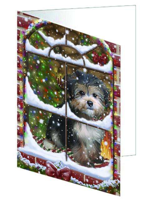 Please Come Home For Christmas Yorkipoo Dog Sitting In Window Handmade Artwork Assorted Pets Greeting Cards and Note Cards with Envelopes for All Occasions and Holiday Seasons GCD65003