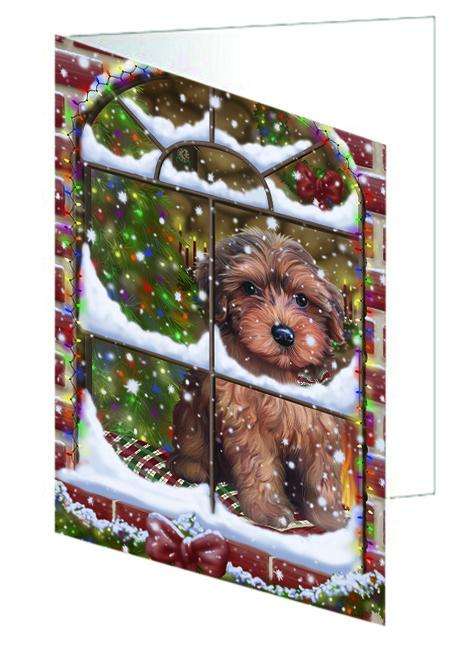 Please Come Home For Christmas Yorkipoo Dog Sitting In Window Handmade Artwork Assorted Pets Greeting Cards and Note Cards with Envelopes for All Occasions and Holiday Seasons GCD65006