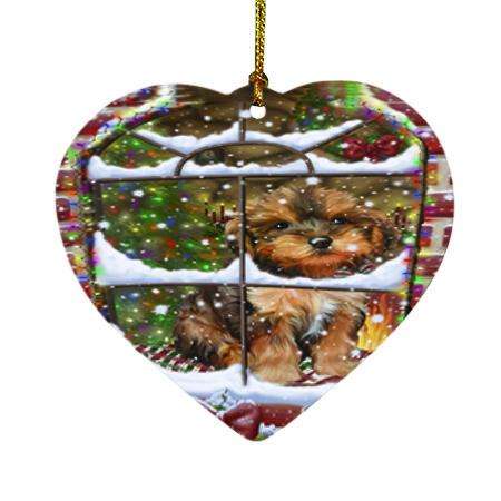 Please Come Home For Christmas Yorkipoo Dog Sitting In Window Heart Christmas Ornament HPOR53656