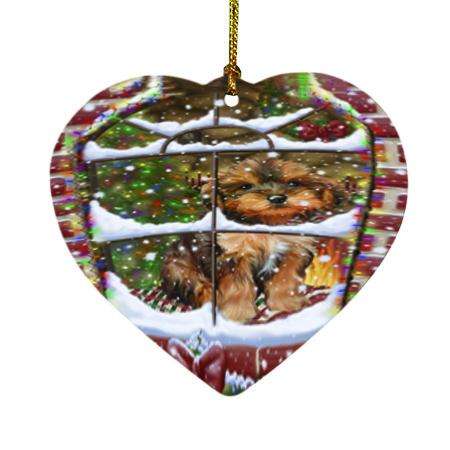 Please Come Home For Christmas Yorkipoo Dog Sitting In Window Heart Christmas Ornament HPOR53953