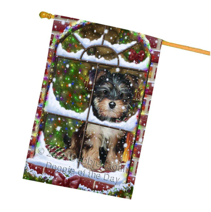 Please Come Home For Christmas Yorkipoo Dog Sitting In Window House Flag FLG53855