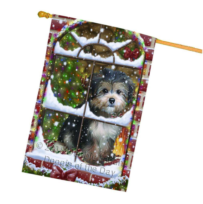 Please Come Home For Christmas Yorkipoo Dog Sitting In Window House Flag FLG53856