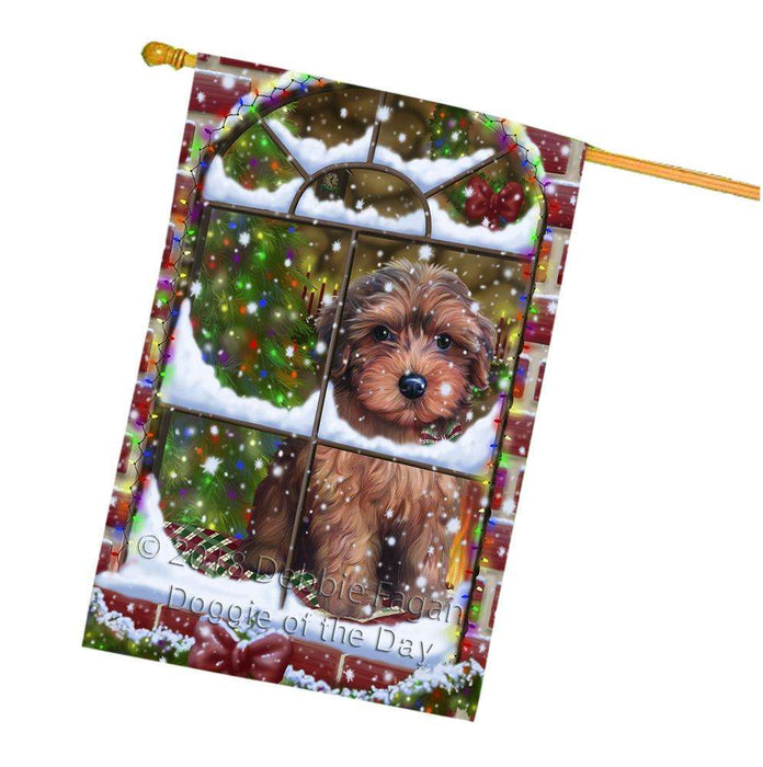 Please Come Home For Christmas Yorkipoo Dog Sitting In Window House Flag FLG53857