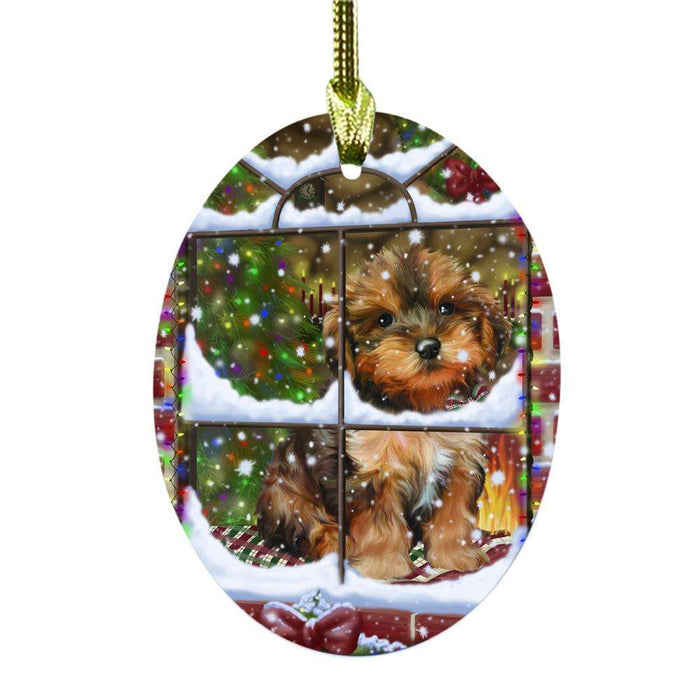 Please Come Home For Christmas Yorkipoo Dog Sitting In Window Oval Glass Christmas Ornament OGOR49225