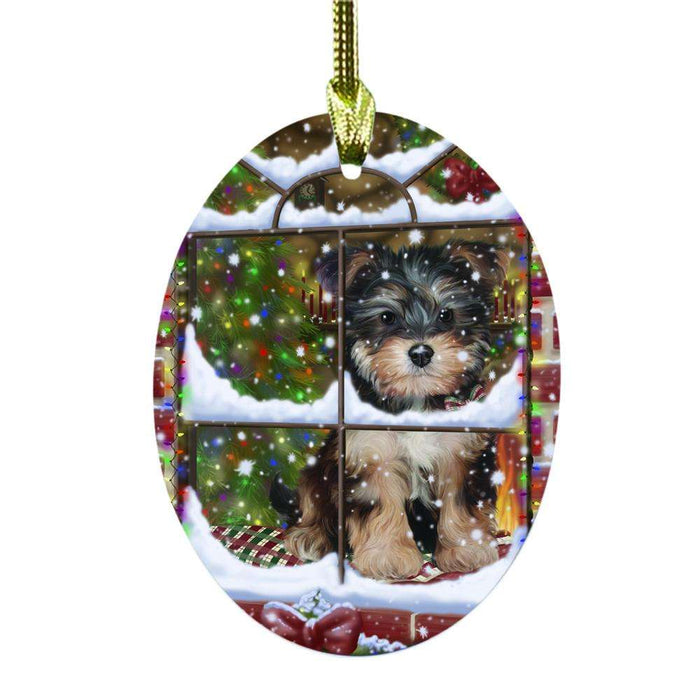 Please Come Home For Christmas Yorkipoo Dog Sitting In Window Oval Glass Christmas Ornament OGOR49226