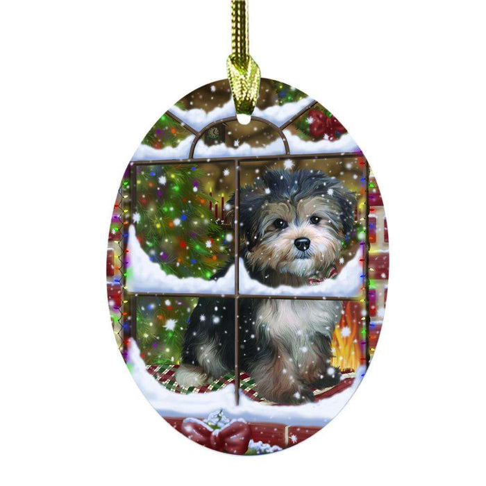 Please Come Home For Christmas Yorkipoo Dog Sitting In Window Oval Glass Christmas Ornament OGOR49227