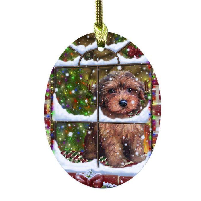 Please Come Home For Christmas Yorkipoo Dog Sitting In Window Oval Glass Christmas Ornament OGOR49228