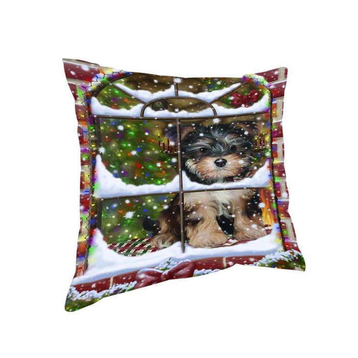 Please Come Home For Christmas Yorkipoo Dog Sitting In Window Pillow PIL71252