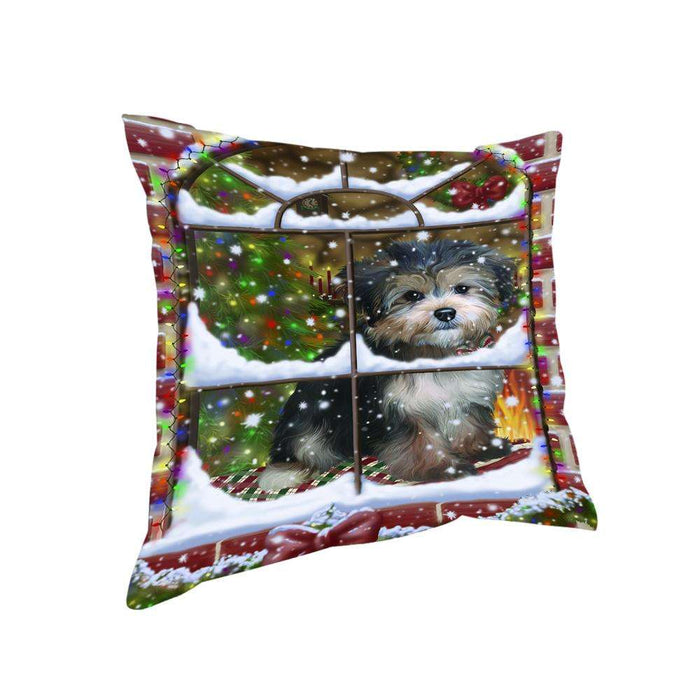 Please Come Home For Christmas Yorkipoo Dog Sitting In Window Pillow PIL71256