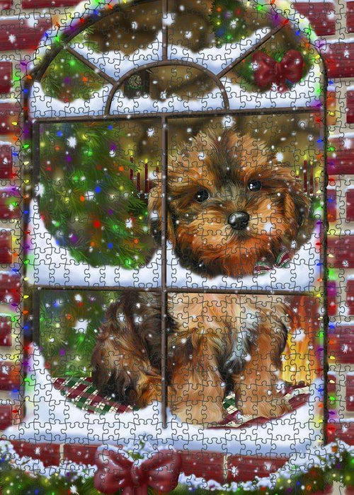 Please Come Home For Christmas Yorkipoo Dog Sitting In Window Puzzle with Photo Tin PUZL81780