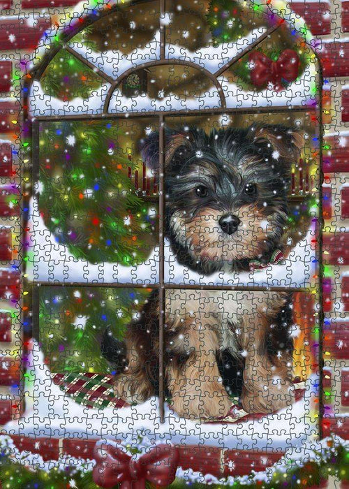 Please Come Home For Christmas Yorkipoo Dog Sitting In Window Puzzle with Photo Tin PUZL81784
