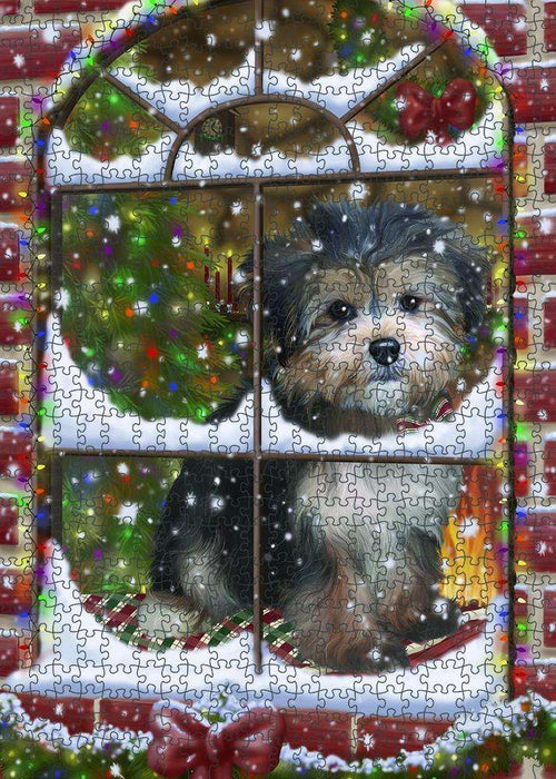 Please Come Home For Christmas Yorkipoo Dog Sitting In Window Puzzle with Photo Tin PUZL81788