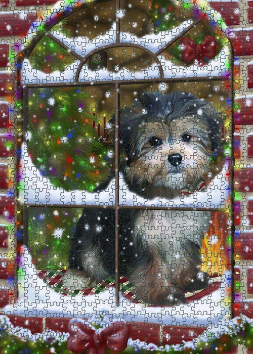 Please Come Home For Christmas Yorkipoo Dog Sitting In Window Puzzle with Photo Tin PUZL82976