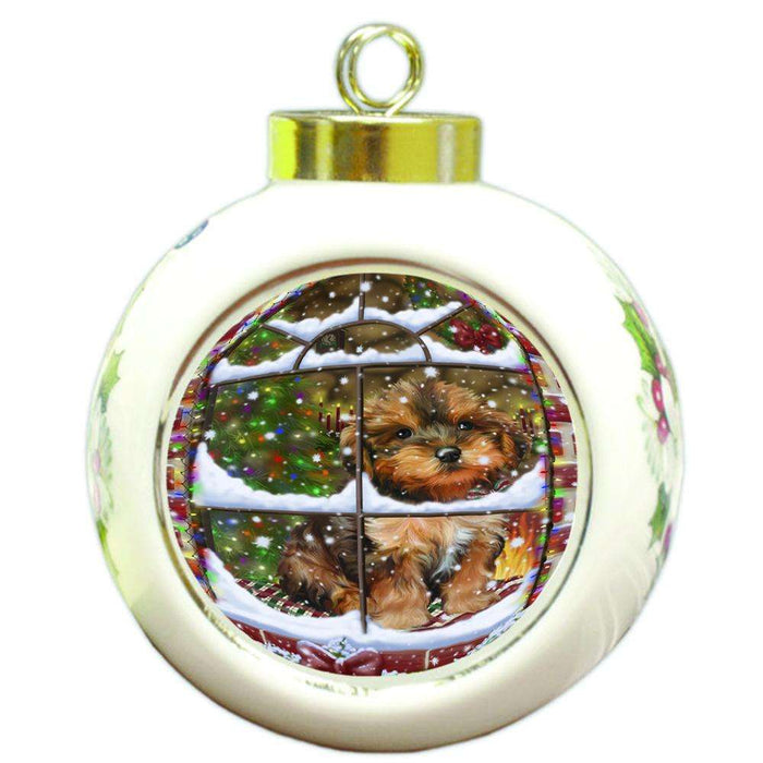 Please Come Home For Christmas Yorkipoo Dog Sitting In Window Round Ball Christmas Ornament RBPOR53656