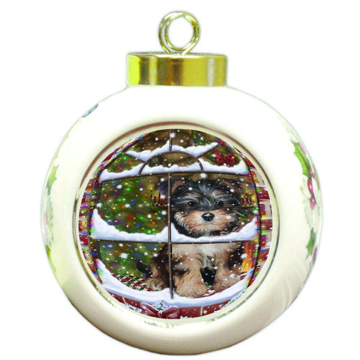 Please Come Home For Christmas Yorkipoo Dog Sitting In Window Round Ball Christmas Ornament RBPOR53657