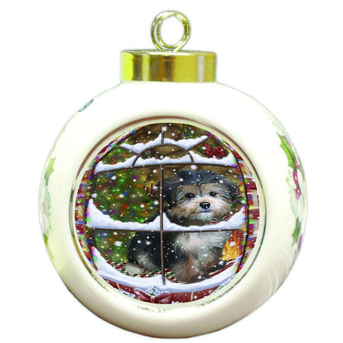 Please Come Home For Christmas Yorkipoo Dog Sitting In Window Round Ball Christmas Ornament RBPOR53658