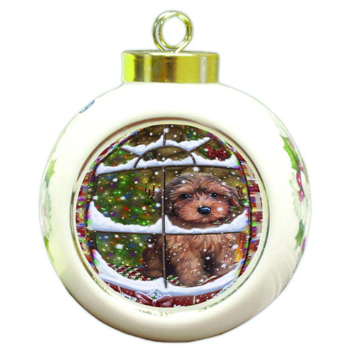 Please Come Home For Christmas Yorkipoo Dog Sitting In Window Round Ball Christmas Ornament RBPOR53659