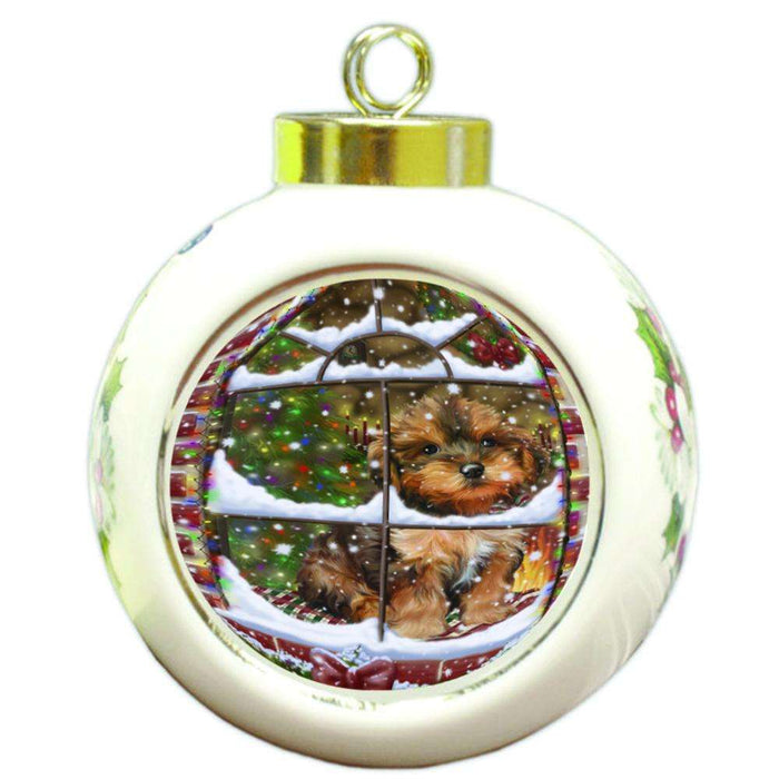 Please Come Home For Christmas Yorkipoo Dog Sitting In Window Round Ball Christmas Ornament RBPOR53953
