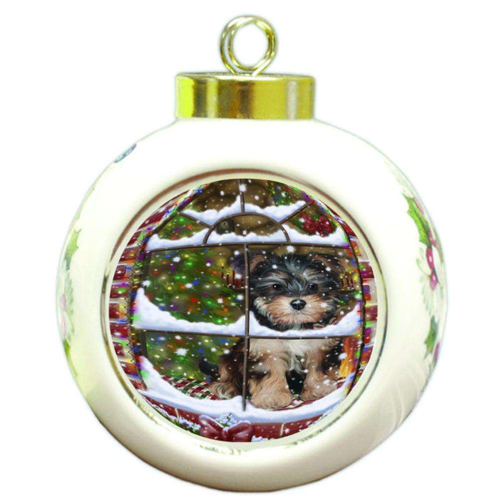 Please Come Home For Christmas Yorkipoo Dog Sitting In Window Round Ball Christmas Ornament RBPOR53954