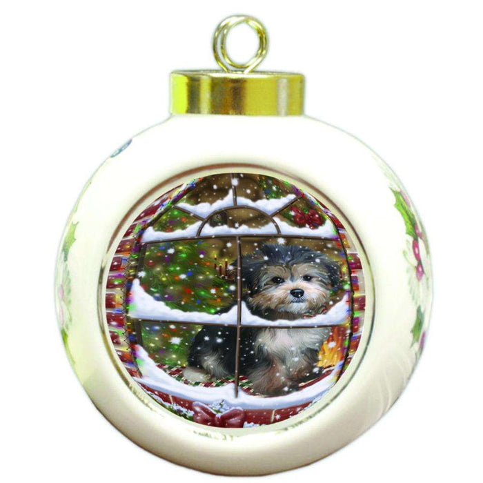 Please Come Home For Christmas Yorkipoo Dog Sitting In Window Round Ball Christmas Ornament RBPOR53955