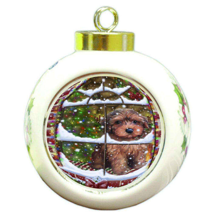 Please Come Home For Christmas Yorkipoo Dog Sitting In Window Round Ball Christmas Ornament RBPOR53956
