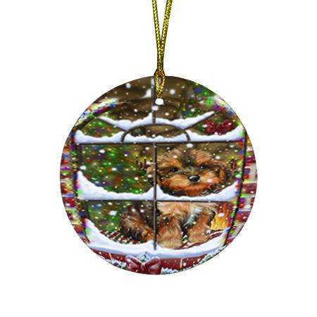 Please Come Home For Christmas Yorkipoo Dog Sitting In Window Round Flat Christmas Ornament RFPOR53647