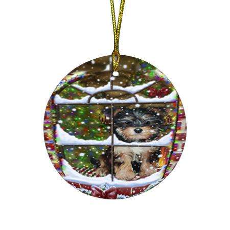 Please Come Home For Christmas Yorkipoo Dog Sitting In Window Round Flat Christmas Ornament RFPOR53648