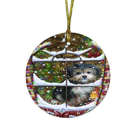 Please Come Home For Christmas Yorkipoo Dog Sitting In Window Round Flat Christmas Ornament RFPOR53649