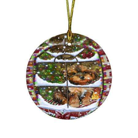 Please Come Home For Christmas Yorkipoo Dog Sitting In Window Round Flat Christmas Ornament RFPOR53944