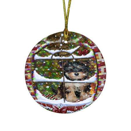 Please Come Home For Christmas Yorkipoo Dog Sitting In Window Round Flat Christmas Ornament RFPOR53945