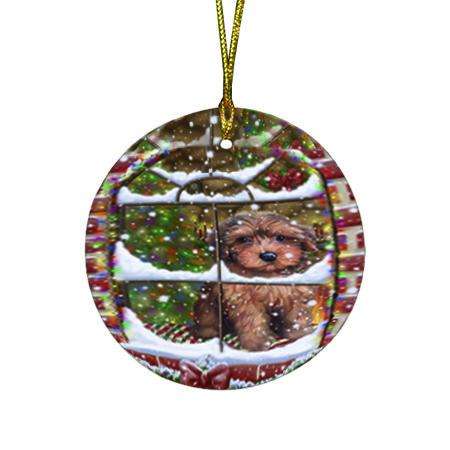 Please Come Home For Christmas Yorkipoo Dog Sitting In Window Round Flat Christmas Ornament RFPOR53947