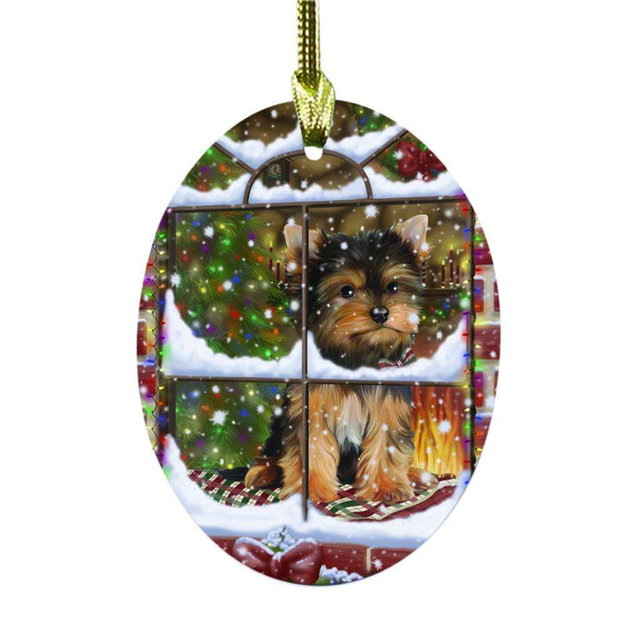 Please Come Home For Christmas Yorkshire Terrier Dog Sitting In Window Oval Glass Christmas Ornament OGOR49229