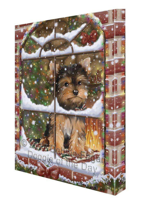 Please Come Home For Christmas Yorkshire Terriers Dog Sitting In Window Canvas Wall Art