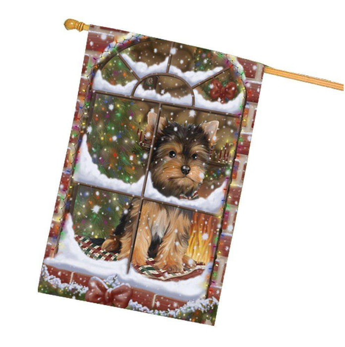 Please Come Home For Christmas Yorkshire Terriers Sitting In Window House Flag