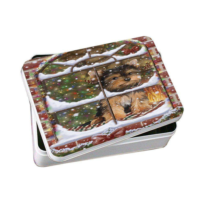 Please Come Home For Christmas Yorkshire Terriers Sitting In Window Photo Storage Tin