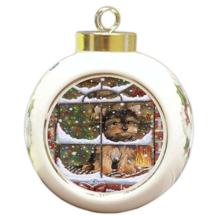 Please Come Home For Christmas Yorkshire Terriers Sitting In Window Round Ball Ornament