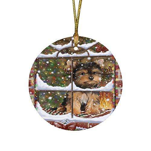 Please Come Home For Christmas Yorkshire Terriers Sitting In Window Round Ornament