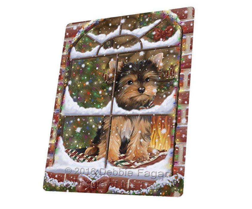 Please Come Home For Christmas Yorkshire Terriers Sitting In Window Tempered Cutting Board