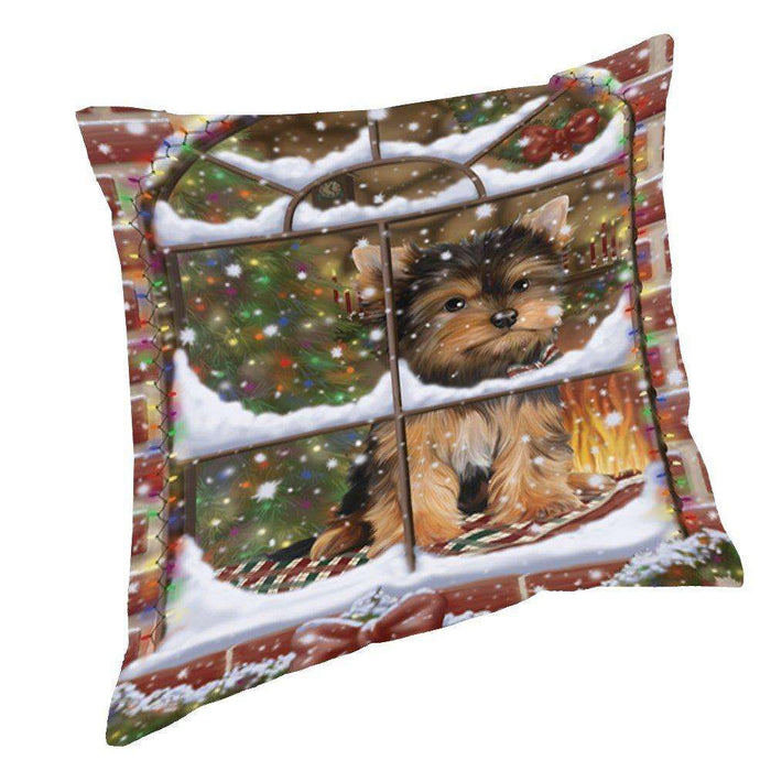 Please Come Home For Christmas Yorkshire Terriers Sitting In Window Throw Pillow