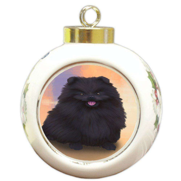 Pomeranian Black Dog Round Ceramic Ball Christmas Ornament