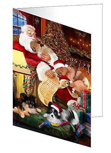 Pomeranian Dog and Puppies Sleeping with Santa Handmade Artwork Assorted Pets Greeting Cards and Note Cards with Envelopes for All Occasions and Holiday Seasons