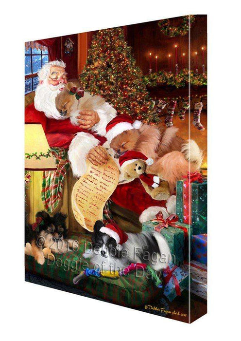 Pomeranian Dog and Puppies Sleeping with Santa Painting Printed on Canvas Wall Art