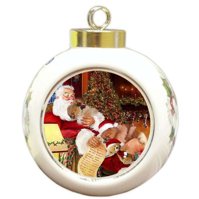 Pomeranian Dog and Puppies Sleeping with Santa Round Ball Christmas Ornament D445