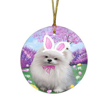 Pomeranian Dog Easter Holiday Round Flat Christmas Ornament RFPOR49204