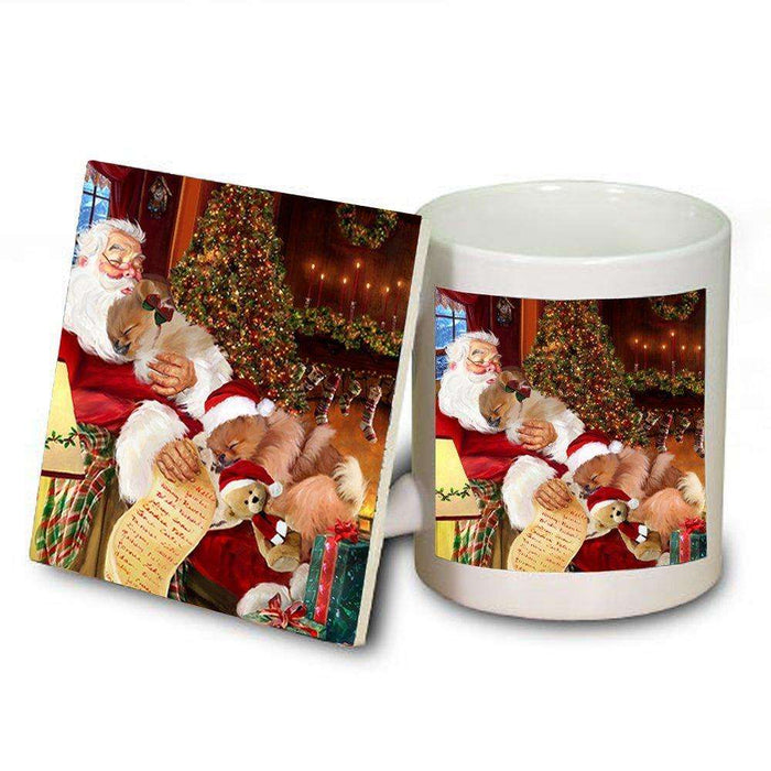 Pomeranian Dog with Puppies Sleeping with Santa Mug & Coaster Set